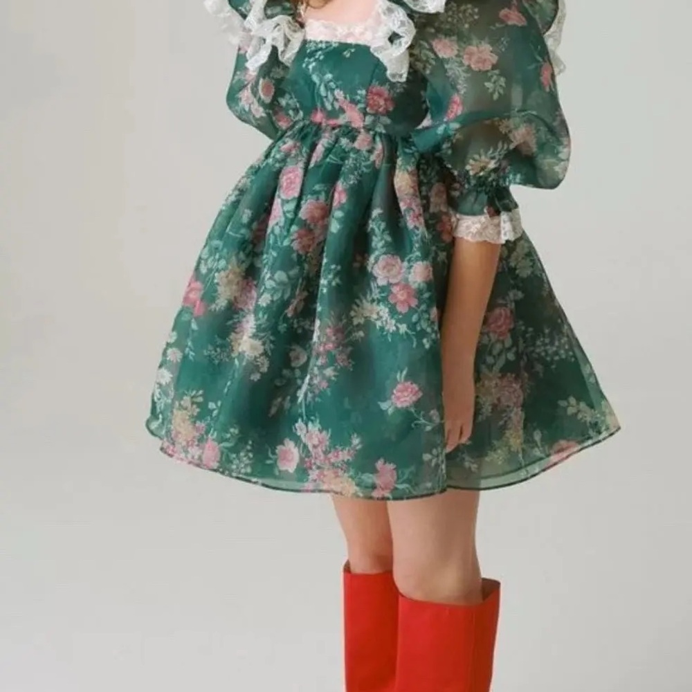 Selkie Green Gables Sugarfrill Puff Dress - Floral Dress with White Lace Trim - Picture 2 of 7